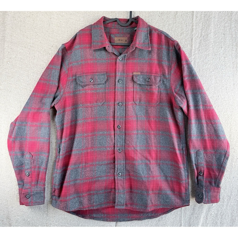 Mens Sz Large ORVIS Flannel Red Gray Long‎ Sleeve Shirt Button Up